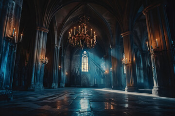 Dark and moody Gothic castle interior with flickering candlelight, shrouded in atmospheric shadows.