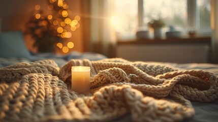 Cozy Bedroom with Candle and Knitted Blanket at Golden Hour - obrazy, fototapety, plakaty