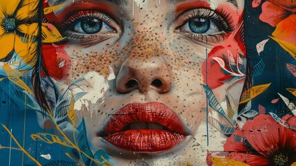 Colorful Graffiti-Style Female Portrait with Floral Elements