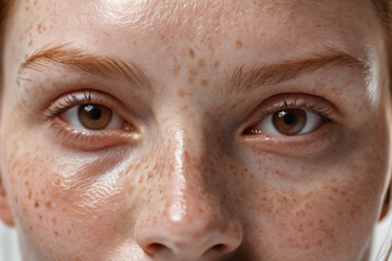 Fototapeta premium Close-up of female face with freckled skin, moisturizer and skin care concepts