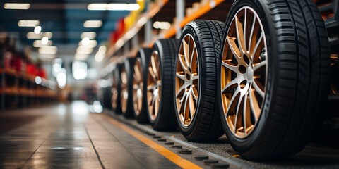 Freshly Arranged New Car Tires in an Industrial Warehouse. Concept Industrial Preparations, Tire Storage, Warehouse Logistics, Automotive Inventory, New Tire Display