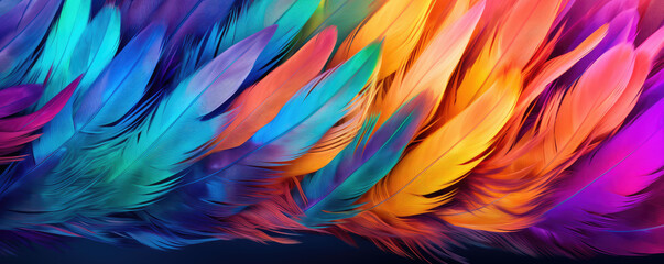 Vibrant and colorful feathers create a dynamic and flowing texture in a seamless rainbow gradient. - obrazy, fototapety, plakaty