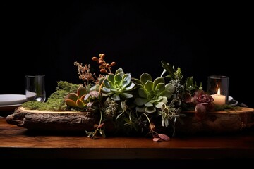 Timber table adorned with a succulent arrangement