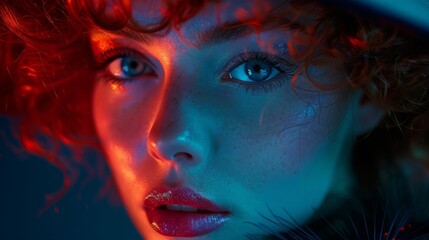 Intense Portrait of a Woman with Vivid Red and Blue Lighting