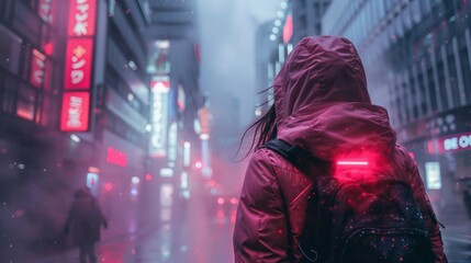 Solitary Figure Walking Through Rainy Neon-Lit City Street