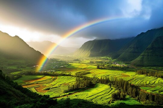Vibrant double rainbow arching over a lush, emerald-green valley