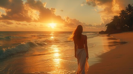 Tranquil Beach Sunset with Woman Walking Along the Shoreline