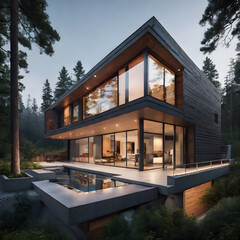 Modern house in the forest.	