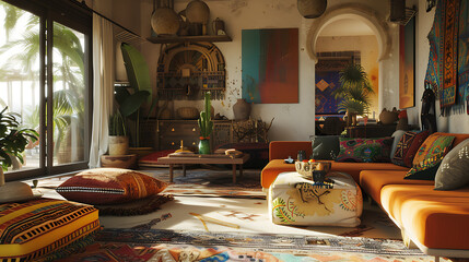 A living room with bohemian decor, featuring a mix of patterns and textures in earthy tones.