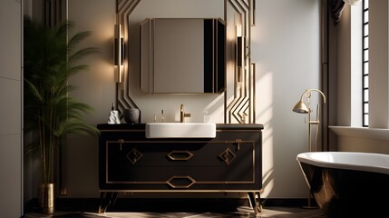 luxury bathroom interior with mirror - obrazy, fototapety, plakaty