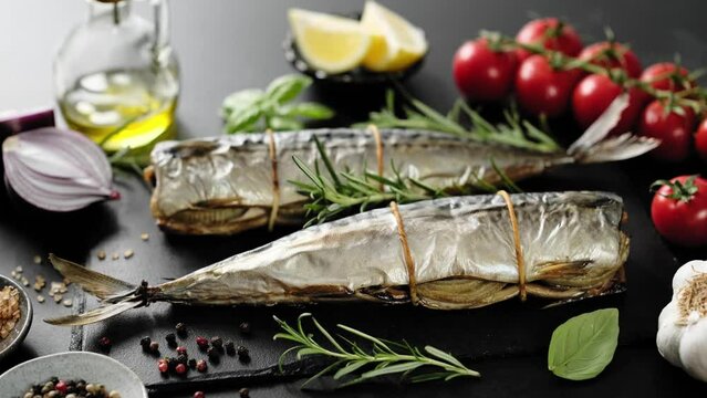 Baked mackerels. Seafood stock footage video 4k