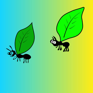 A picture where 2 black cute funny ants are carrying 2 green leaves on their backs