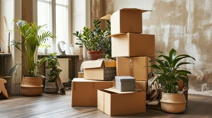 New Home Delivery: Moving, Relocation, and Renovation Services with Cardboard Box Stacks