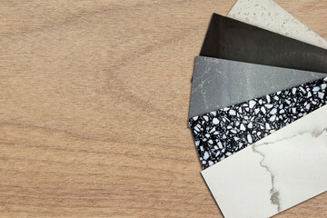 interior marble stone construction material samples swatch including black terrazzo, white carrara,...