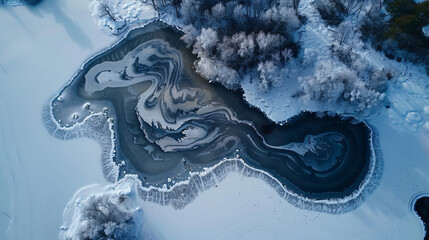 An aerial view of a frozen lake with intricate patterns of ice and snow creating a mesmerizing natural mosaic.