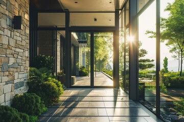 Modern Home Entrance with Expansive Glass Sliding Doors: A Contemporary Architectural Design with Ample Copy Space - obrazy, fototapety, plakaty