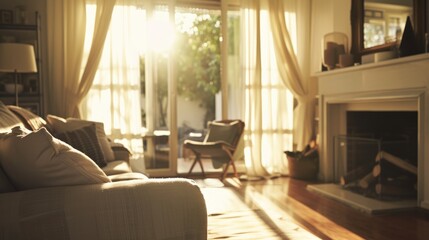 Cozy Living Room Bathed in Warm Sunset Light
A comfortable living room glows with the golden light of sunset streaming through sheer curtains, creating a peaceful and warm atmosphere.
 - obrazy, fototapety, plakaty