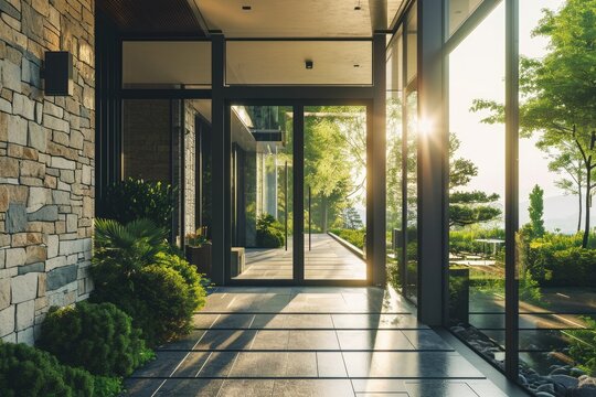 Modern Home Entrance with Expansive Glass Sliding Doors: A Contemporary Architectural Design with Ample Copy Space
