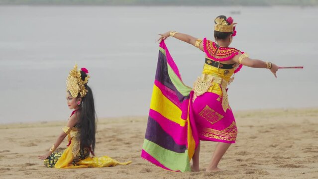 Traditional balinese dancers performing oleg dance on the Indonesian island of Bali