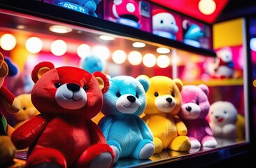 Image of soft toys inside a claw machine shot at a game zone. with copy space image. Place for adding text or design 