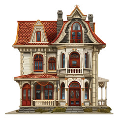 Old two storey house with red roof retro architecture
