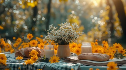 White Table Adorned with Flowers, Bread, and a Book