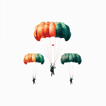 Paratroopers descending with parachutes set sky diving
