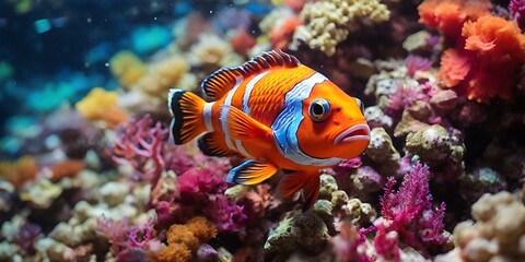 Colorful fish swims among colorful corals.