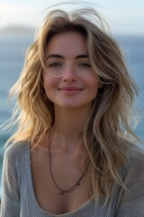 Young Blonde Girl Beams with Happiness, Enjoying Outdoor Fun in the Hazy Sunshine