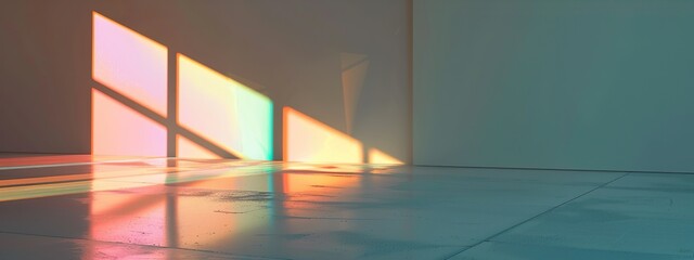 Empty interior cream with sunlight rainbow overlay shadow. Pink and cream shine soft reflection window. AI generate