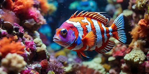 Colorful fish swims among colorful corals.