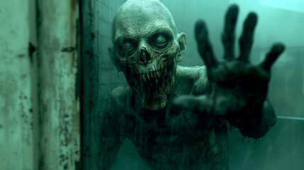 Ghastly Zombie Reaching Through a Decrepit Door