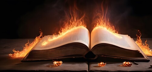 A tome lies open with elemental fire symbols intertwining across its pages, surrounded by an inferno. It seems to command the very essence of fire, evoking a sense of untamed power. - obrazy, fototapety, plakaty