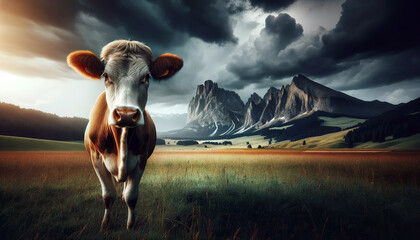 A cow stands prominently in the foreground with a dramatic backdrop of rugged mountains under a stormy sky, highlighting a striking rural scene.Animal husbandry concept.AI generated.