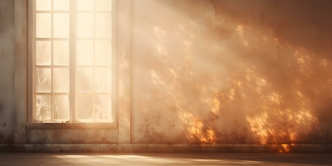 Warm glowing light from a window streams through, casting shadows on a wall. Concept Indoor Lighting, Natural Light photography, Close-up Shadows, Interior Decor .