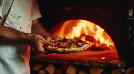 Pizzaiolo chef takes out delicious pizza from the wood-burning oven. Restaurant concept. Generative AI