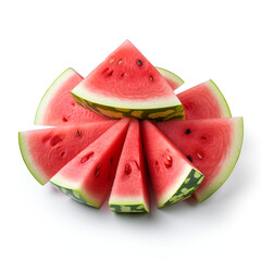 Watermelon cut into slices isolated on white background, watermelon isolated on white background, Falling watermelon isolated on white background, clipping path, full depth of field, Generative AI 