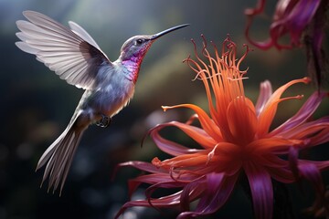 A hummingbird captured in the moment of feeding from a rare Ghost Orchid - obrazy, fototapety, plakaty