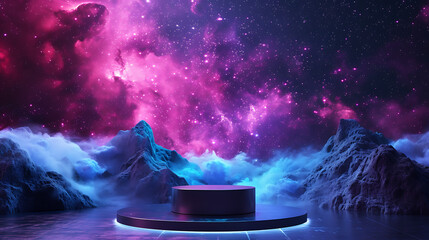 A mesmerizing podium against a cosmic backdrop, capturing the magic and mystery of the night sky for artistic or celestial themes.