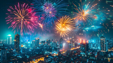 Fototapeta premium Fireworks illuminating the night sky above a cityscape, with vivid colors.