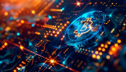 crypto blockchain blue futuristic horizontal background .bitcoin and cryptocurrency, technology, network, web3, circuit board, 3d, multidimensional digital design. - obrazy, fototapety, plakaty