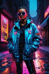 A trendy dressed woman stands confidently in a neon backlit alleyway, reflecting city nightlife.