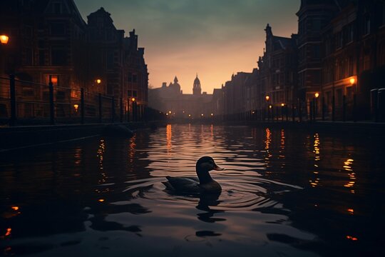 A lone duck silhouette swimming in a city canal at dusk, city skyline behind