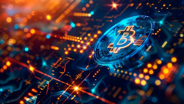 crypto blockchain blue futuristic horizontal background .bitcoin and cryptocurrency, technology, network, web3, circuit board, 3d, multidimensional digital design.