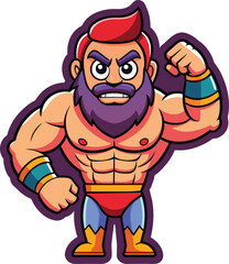 cartoon powerful man sticker vector illustration, cartoon bodybuilder vector, Sticker on a transparent background of a muscular bodybuilder 