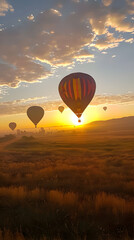 Hot air balloons floating at sunrise over a golden field landscape.