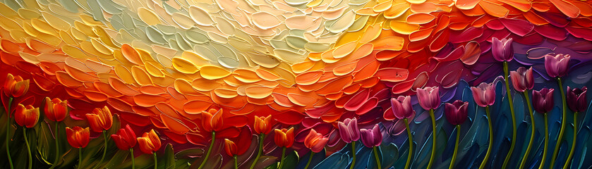 Vivid oil painting of a dense field of tulips with an impasto texture. - obrazy, fototapety, plakaty