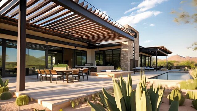 This stunning desert oasis incorporates brisesoleil louvers and overhangs to control solar gain and enhance the indooroutdoor flow. The pergolacovered patio is an extension