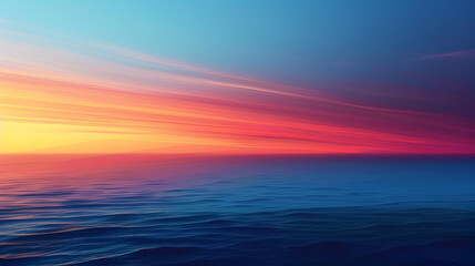 Naklejka na ściany i meble Serene ocean with a gradient sunset, where sky and water meet in harmonious shades of red and blue.