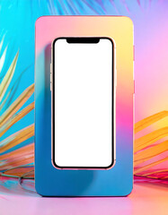 A smartphone mockup on a colorful gradient background.